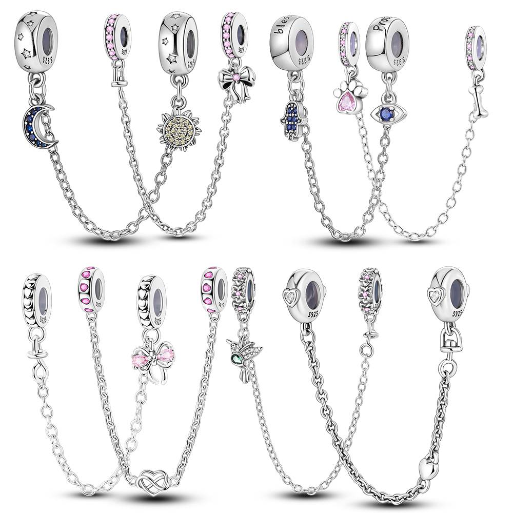 Safety Chain Charms 925 Sterling Silver Fit Original 925 Beads Moon Star Butterfly Heart Safety Chain for Women Jewelry Gift
