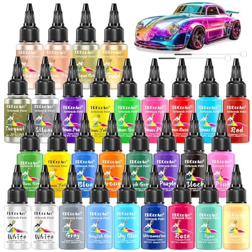 Airbrush Set med 30 färger, airbrush set med 2 penslar, akrylfärger, set med spikar, vattenbaserad, giftfri, högpigmenterad, metallisk, för trä, modeller, bilar – 20 ml/flaska