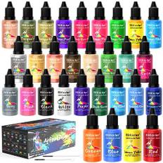 Airbrush Set med 30 färger, airbrush set med 2 penslar, akrylfärger, set med spikar, vattenbaserad, giftfri, högpigmenterad, metallisk, för trä, modeller, bilar – 20 ml/flaska
