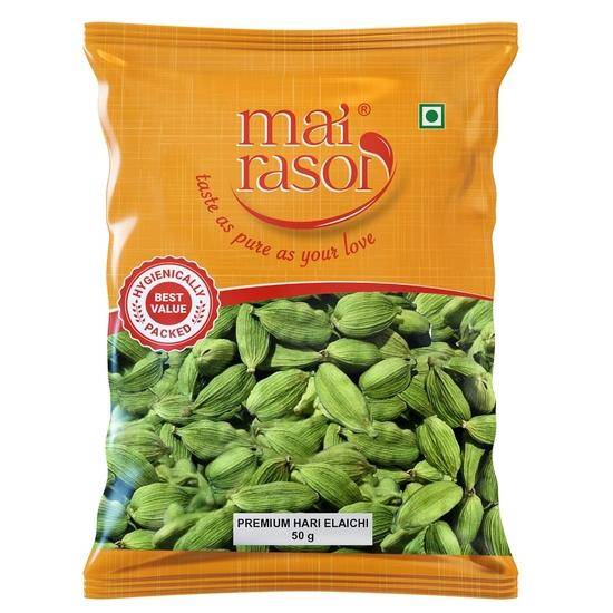MAI RASOI Premium Grön Kardemumma/Hari Ealaichi/Ilaichi, Stor Storlek, Stark (50 grams påse) - Hela orange