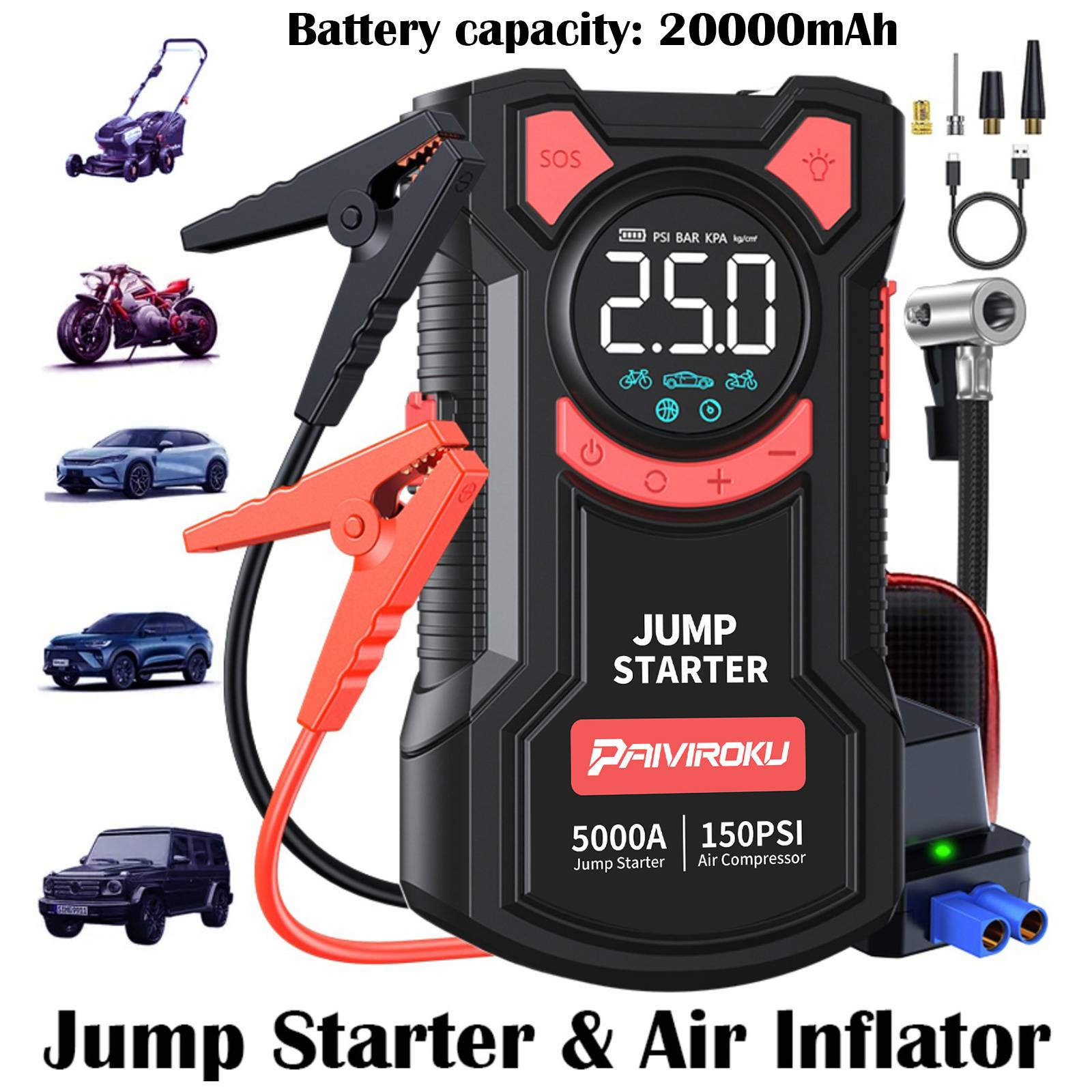 TEMU 5000a Portable Car Jump Starter With 150psi Air Compressor, 12v Car Battery Charger For Up To 10.0l Gas/9.0l , Qc3.0 Fast Charging, Digital Tire Inflator & Led Emergency Light