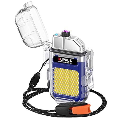 SUPRUS vattentät tändare, 3 lägen, ficklampa, vindtät, dubbelbåge, uppladdningsbar, Dual Arc plasma-tändare med nödvisselpipa och snodd