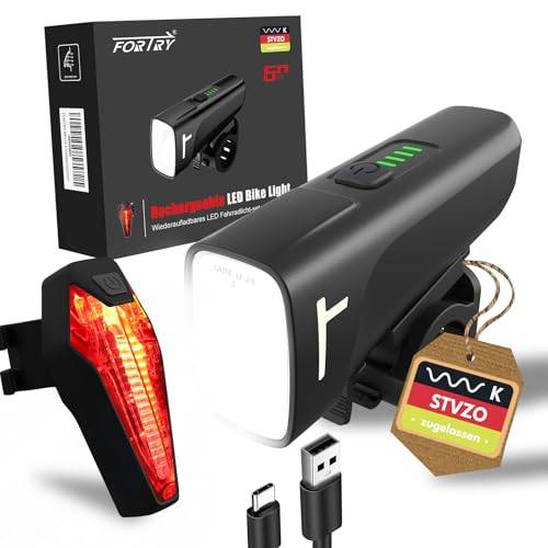 FORTRY Fahrradlicht Set,StVZO Zertifizierte Fahrradbeleuchtung,USB Typ C Aufladung Fahrrad Lichter Led Set,IPX5 Wasserdichter Fahrradlicht Vorne+Rücklicht (60 LUX)