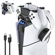 Tokluck PS5-kontrollladdare för 2023 PS5 Slim Digital & Disc, PS5-laddningsstation med headsethållare, snabbladdningsdocka för Playstation 5 Slim konsol, PS5 Slim tillbehör