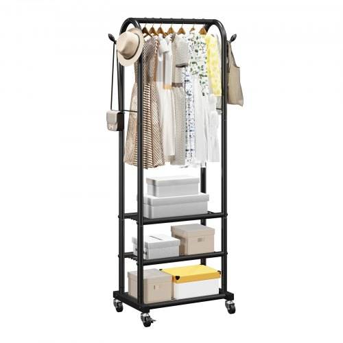 VEVOR Clothes Rack, Rolling Clothing Garment Rack with Hanging Rod and Side Hooks, 3 Storage Shelves, 45 kg Load Capacity, Heavy Duty Carbon Steel Clothing Racks for Bedroom, Laundry, Living Room
