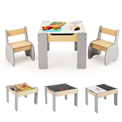 COSTWAY Barnbord med 2 stolar, 3-delad barnstolsgrupp av trä med vändbar och avtagbar bordsskiva, barnmålningsbord med förvaringsutrymme, barnmöbler, sittgrupp för barn från 3 år (grå)