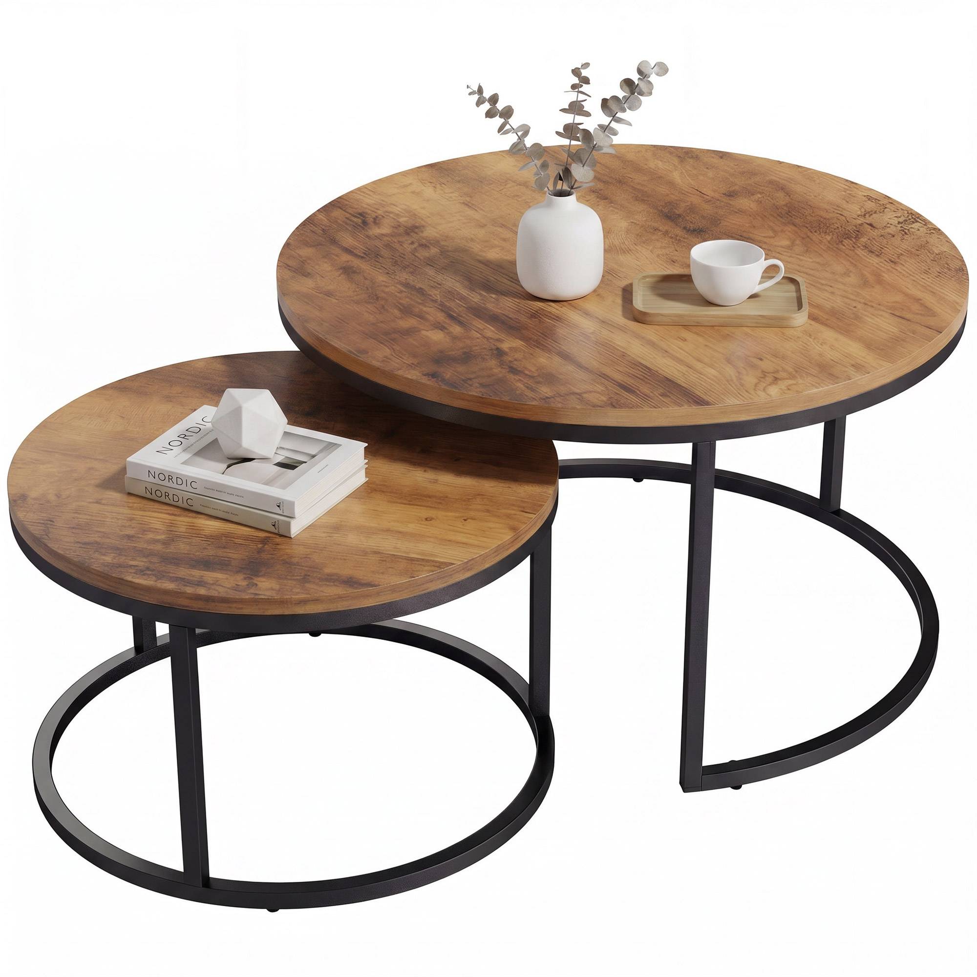 Homcom Set of 2 Round Coffee Tables Industrial Nesting Tables with Metal Structure for Living Room or Bedroom Brown