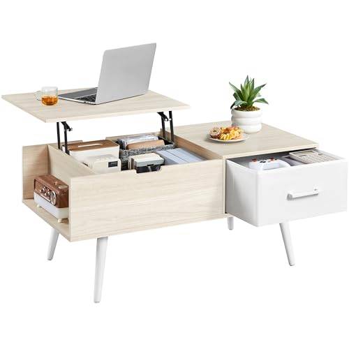 Yaheetech Couchtisch Höhenverstellbar, Beistelltisch mit Stauraum & offene Fächer, Wohnzimmertisch mit Geteilter Tischplatte, Lift-Top Kaffeetisch fürs Wohnzimmer/Esszimmer, Helle Holzfarbe