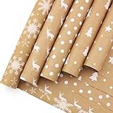 HBell Jul omslagspapper rullar, 5 rullar 44 cm x 3 m, brun kraft, snöflinga älg julgran omslagspapper till jul, fest, festliga dekorationer