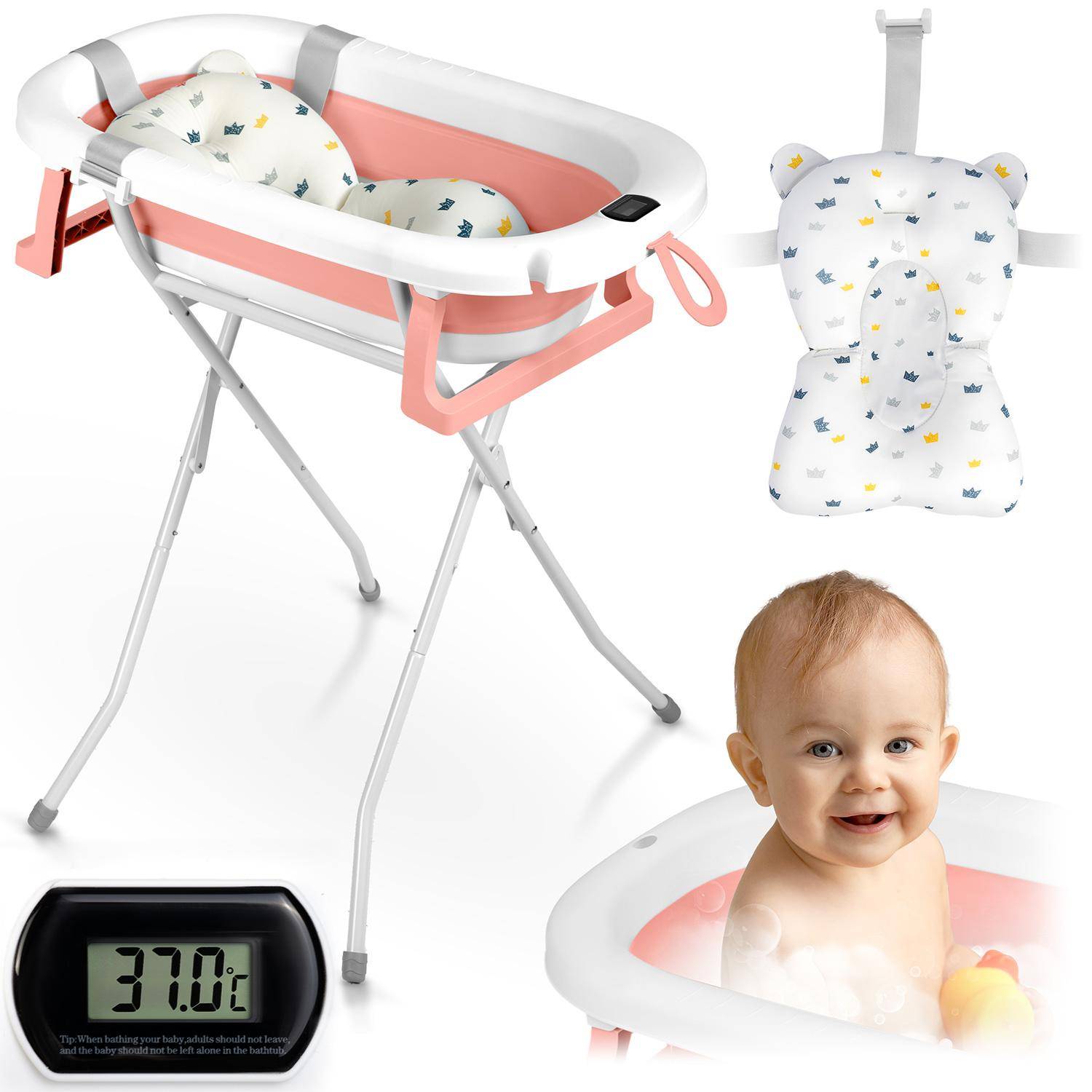 Ricokids Hopfällbar Badbalja för Spädbarn & Småbarn med Ställ, Termometer och Insats, och vit