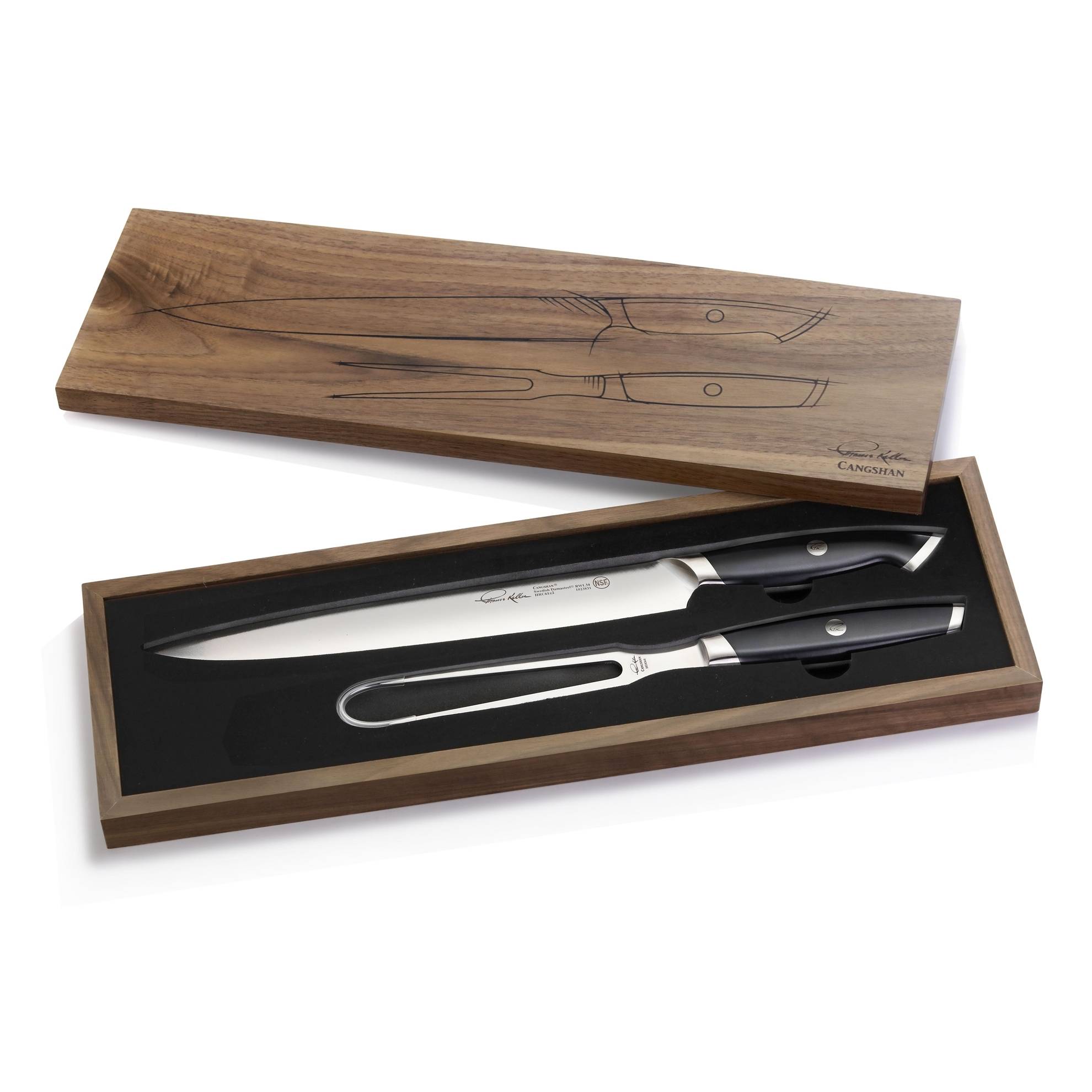 Forskæresæt 26 cm. forskærerkniv + 16 cm. stegegaffel af Svensk Damaskus stål - Cangshan Thomas Keller Signature Collection.