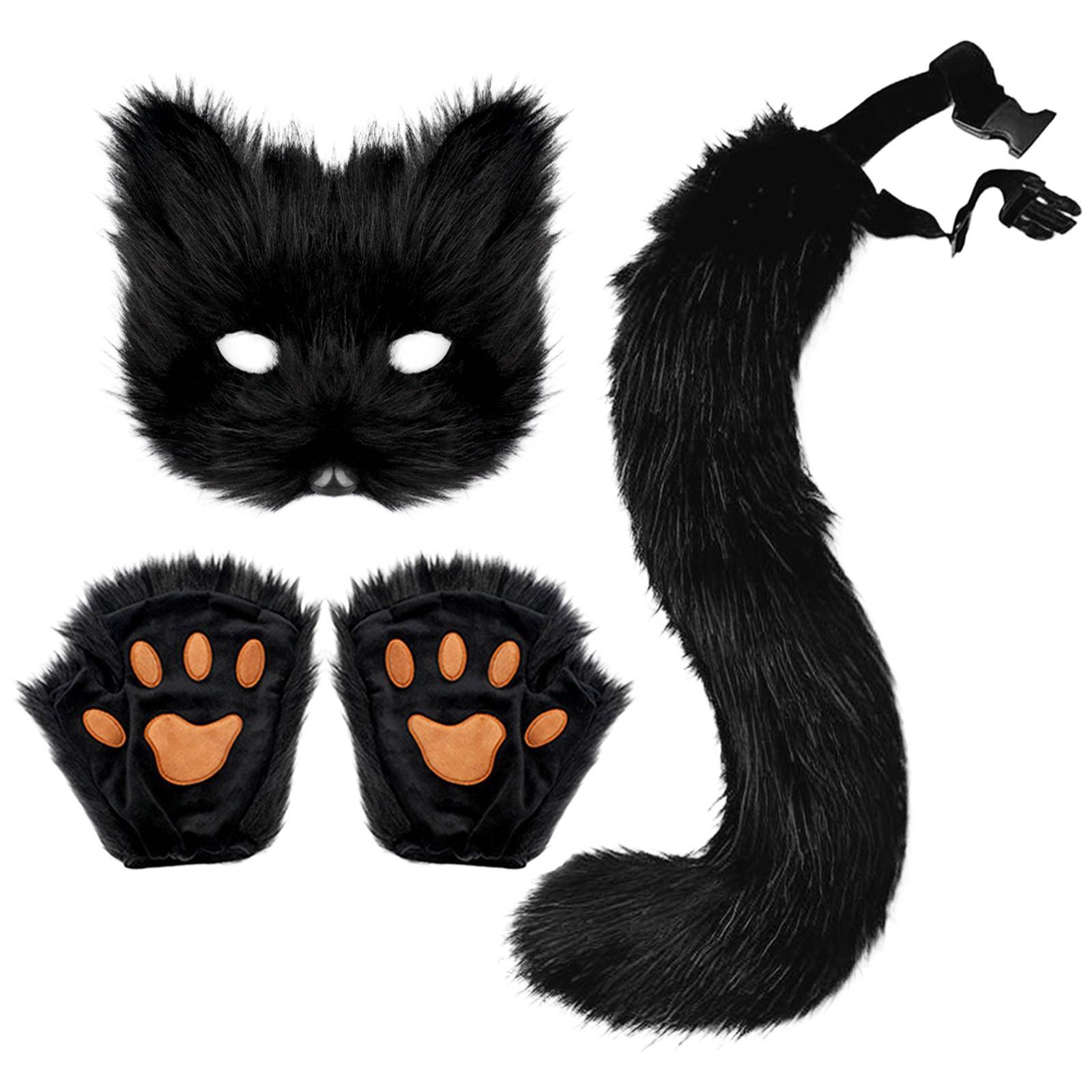 Therian Mask+Svans +Handskar Set Halloween Cosplays Kostymtillbehör Rävmask Svans Halvt ansikte Fuskpäls Rävar Svans Katter Mask röd