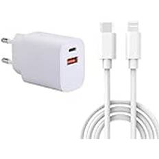 NK USB C 36W - Dual Port Laddare C USB, Snabbladdning, 3 Meter, Väggkontakt, Kompatibel med iPhone SE 2020/XS MAX/XR/X/X / 8 Plus, iPad, Vit