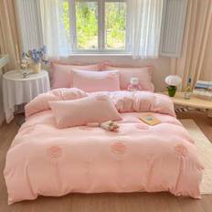 3pcs Rose Embroidery Satin Bedding Set (Without Filler), Elegant - Pink - Multi-size