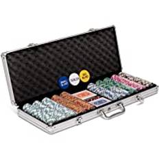 500 delar Texas Holdem Pokerset Med Spelmarker och Stor Väska i Aluminium från Poker Night Pro. Högkvalitativa Numrerade Spelmarker i Lera/Metallkärna 14g, 2 Proffsiga Kortlekar i Plast, Dealer/Mörken Knappar och 5 Tärningar