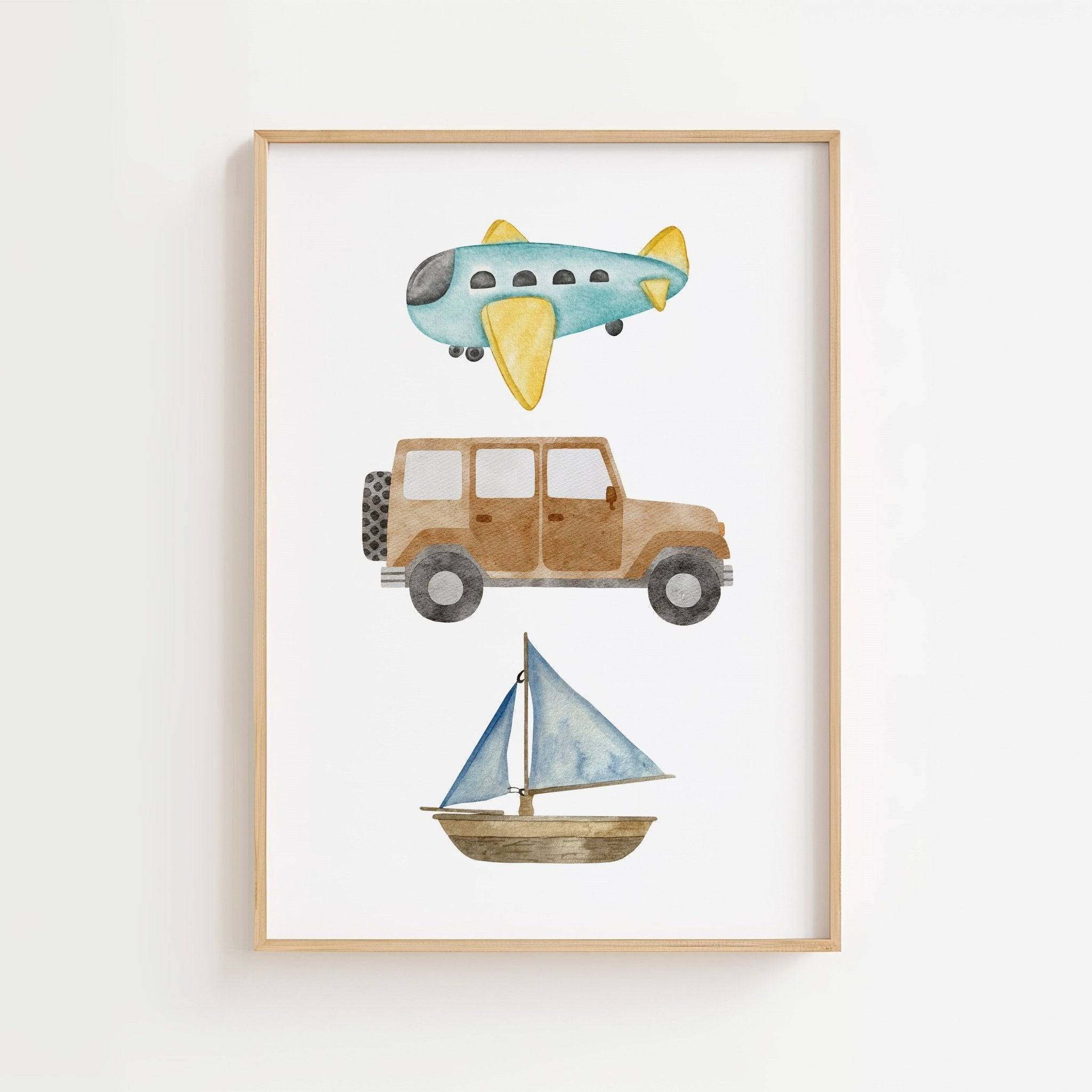 Flygplan bil och båt poster-21x29.7 cm / 8x12" / Premium Matte Paper Wooden Framed Poster / Dark wood frame