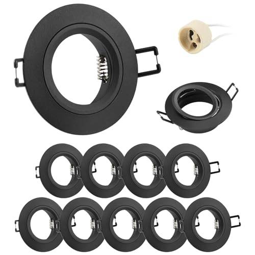 Doughelec 10er Einbaustrahler GU10 Rahmen Aluminium Schwarz, Einbaurahmen Spot Einbauspots Rund Flach 68mm Lochdurchmesser inkl GU10 Fassung für LED Halogen Einbauleuchten Decke, 60-70mm 230V Matt DN