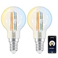 ANTELA E14 P45 Smart Vintage LED-Glödlampor Alexa WLAN 4,5W ekvivalent 40 watt 470LM Dimbar 2700K Varmvitt till 6500K Kallvitt Ljus, Kompatibel med Amazon Alexa och Google Home, 2st