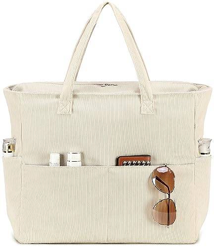 LEDAOU Große Strandtasche mit reißverschluss Damen Wasserdicht Umhängetasche Tragetasche shopper sanddicht mit Reißverschluss Pool Fitness Reisetasche familie(Cord Beige)