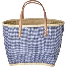 Rice Raffia Shopping Bag - Fabric Covered - Leather Handles - Dark Navy Vichy - Large