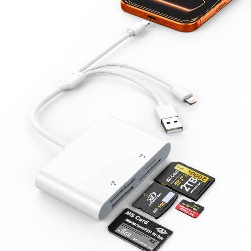 SD-kortläsare för iPhone, 4-i-1 Lightning + USB 3.0 + USB C-kontakt, minneskortläsare för SD/Micro SD/MS/xD-bildkort, ingen drivrutinsanslutning och spel, stöder 2 TB för iPhone 17/16/15/14 iPad
