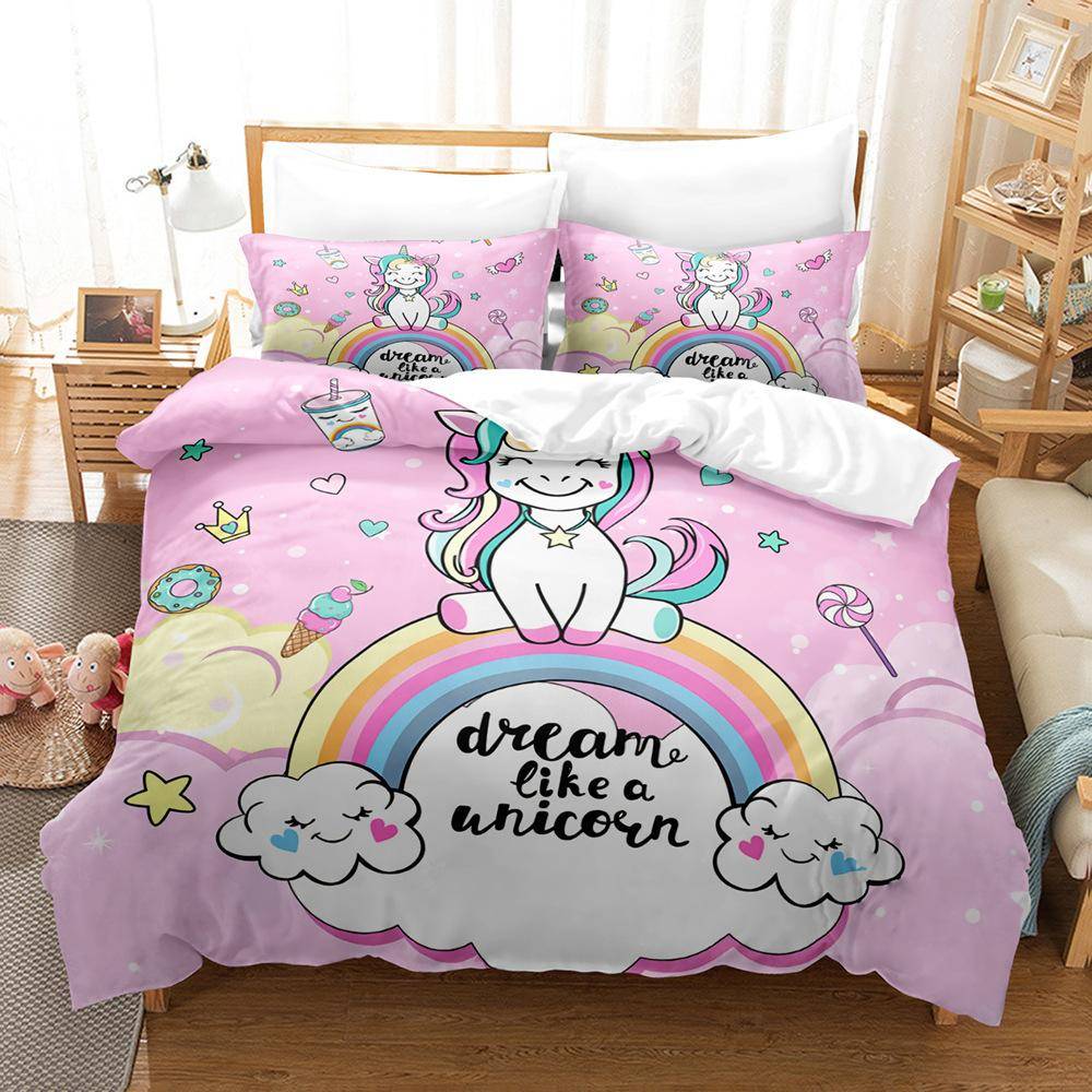 Sängklädesset med regnbågsenhörning för barn, sänglinne med tecknade djur för flickor, kawaii påslakanset, enkelsäng, enkelsäng, dubbelsäng, queen size AU Queen 210x210cm