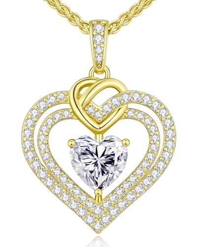 CDE Kette Damen Moissanite Halskette Damen Silber 925, Doppel Herz VVS1 Reinheit D Farbe, Frauen Schmuck Geburtstags Geschenk für Sie Freundin Weihnachten Valentinstag Muttertags (2 Karat 14K)