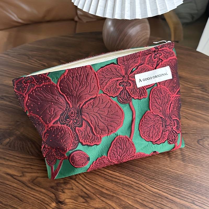 Vintage 3d Relief Pomegranate Flower Makeup Bag, Women's Travel Essential, Skincare Organizer, Cosmetic Pouch, Coin Lipstick Makeup Bag, Travel Organizer, Sanitary Pad Pouch, Zippered Makeup Bag