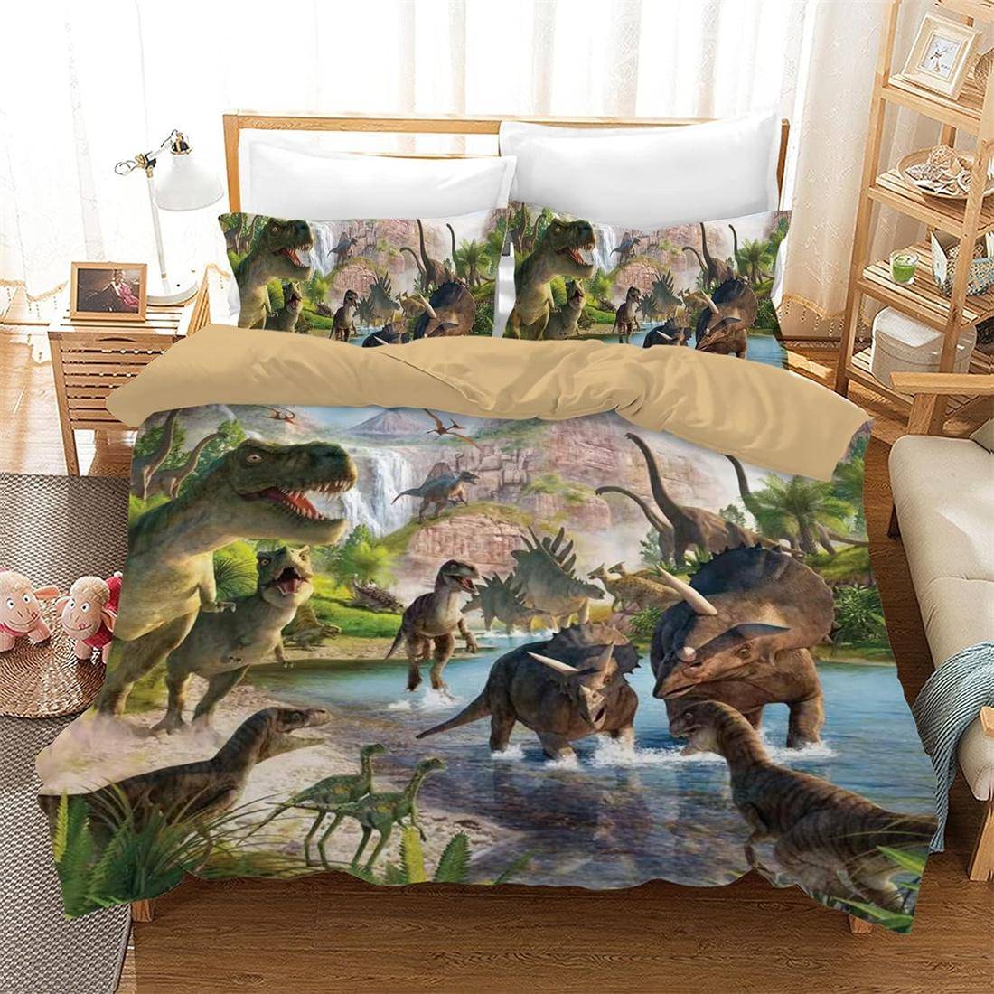 Tecknade dinosaurier sängkläder 3D Dino överkast för pojkar barn härlig djurvärld sovrumsinredning barngåva 155x220cm-3pcs