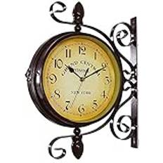 Väggklocka Art Clock 8in retro metall dubbelsidig väggklocka, tyst dubbelsidig stationsklocka, batteridriven inredning Dubbelsidig hängande klocka för utomhusträdgård