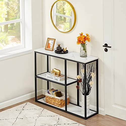 WOHOMO Konsolbord, 30 cm, smalt entrébord för vardagsrum, 80 cm, modernt industriellt soffbord med 3-nivåer och förvaringshyllor, för korridor, hall, vit marmor