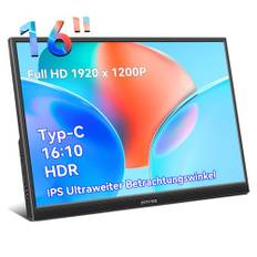 ZFTVNIE Portable Monitor 16 Zoll Tragbarer Monitor Full HD 1920x1200 IPS Bildschirm HDR Eye Care, HDMI USB Typ-C Monitor for Laptop PC PS4 Xbox Switch Xbox Ras Pi, Integrierte Lautsprecher