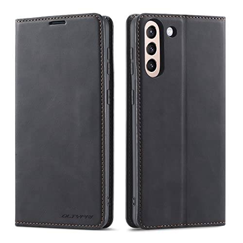 QLTYPRI Fodral till Samsung Galaxy S21 5G, premium PU-läderfodral TPU stötfångare med korthållare ställ dold magnetisk adsorption flip plånbok fodral för Samsung Galaxy S21 5G – svart