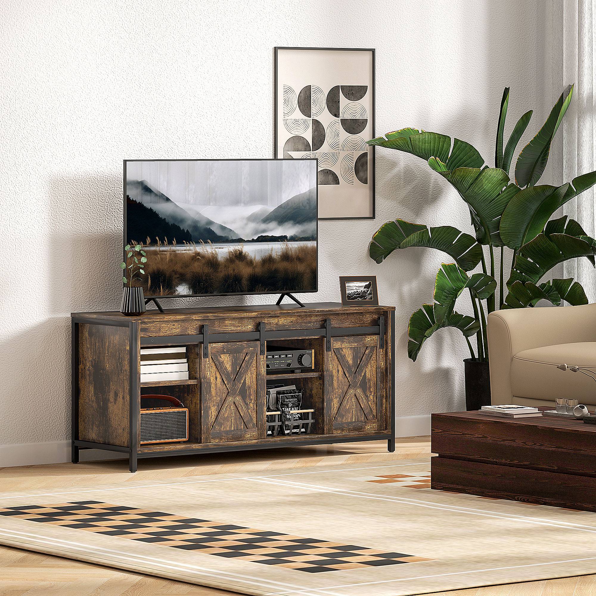 TV-skab, TV-bord til TV op til 60 tommer, Lavt bord med 2 skabe og 2 hylder, TV-skab til stue, 120 x 40 x 54 cm brun