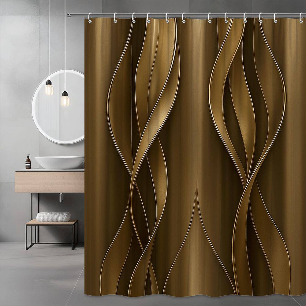 Guld Våg Duschdraperi Abstrakt Mönster Modern Design Lyxig Badrumsinredning Elegant Metallisk Textur Vattentät Giftfri