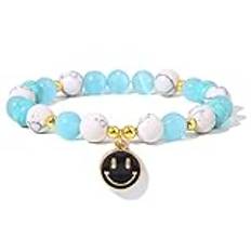 Smiley ansikte hänge armband vita pärlor glad leende armband för kvinnor män smycken, blå, 17 cm