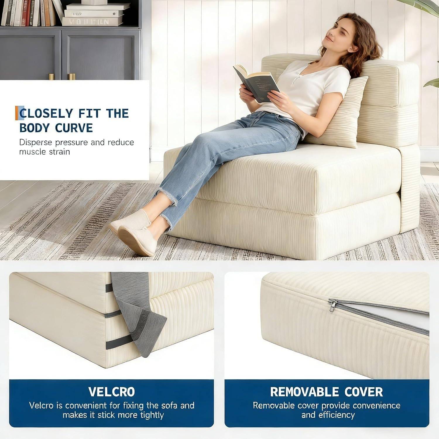 Garvee Space Saving 2-in-1 Convertible Corduroy Loveseat Sofa Bed, Pull Out Single Sleeper Couch with Removable Washable Cover, High Density Foam Compact Sofa for Living Room Bedroom Dorm
