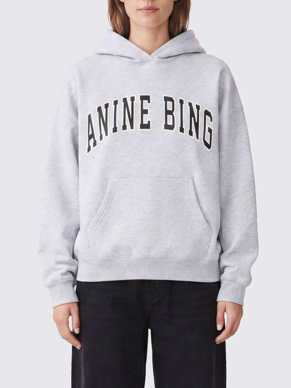 ANINE BING Cotton Logo Hoodie with Kangaroo Pocket - XXS