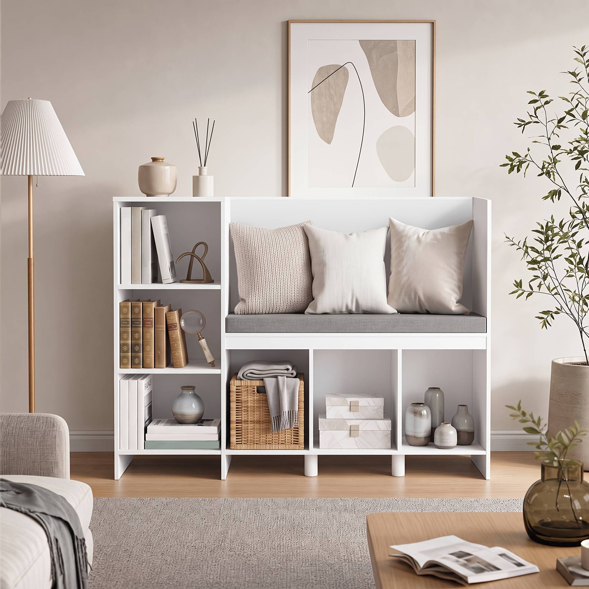 Kealive 110cm Storage Rack With Seat Bench, 6-cube Bookshelf Organizer With Removable Cushion, Multifunctional Storage Shelving Unit For Bedroom And Entryway