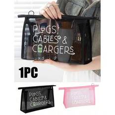Mesh Nylon With Data Cable Plug Pattern Printed Women&#39;S Portable Makeup Bag With Portable Multipurpose Cosmetic Bag, Women&#39;S Makeup Bag Travel Toilet - Multicolor - Pink (1 Piece),Black (1 Piece),Pink (2 Pieces),Black (2 Pieces),1 Black + 1 Pink
