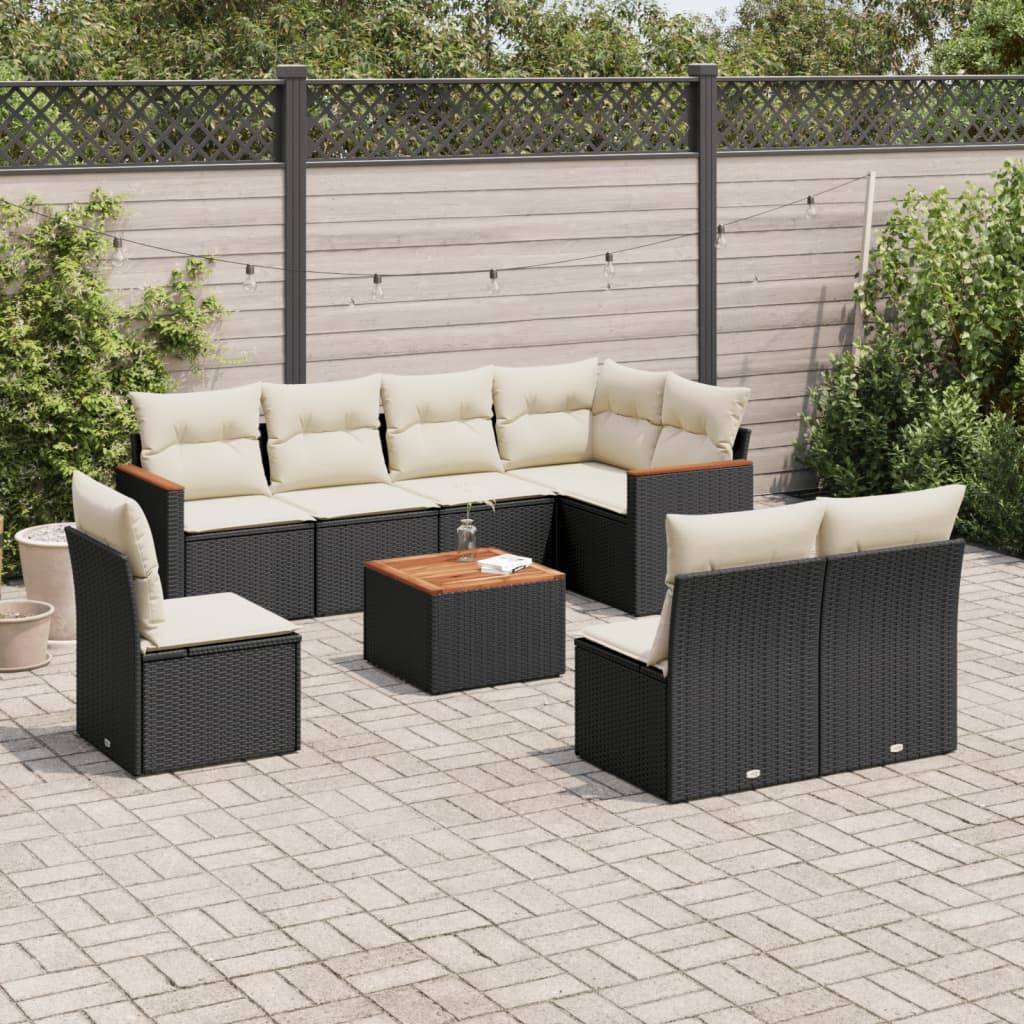 Sofasæt Til Haven 8 Dele Med Hynder Polyrattan Sort - Sort og cremefarvet / Med bord