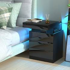 HaodaCulture Svart nattduksbord med LED, nattduksbord med 3 lådor, 1 högglansigt hopfällbart lock Briljant träbord med 16 RGB-LED-lampor för vardagsrum, sovrum (45 x 40 x 67 cm), RZ1164646477