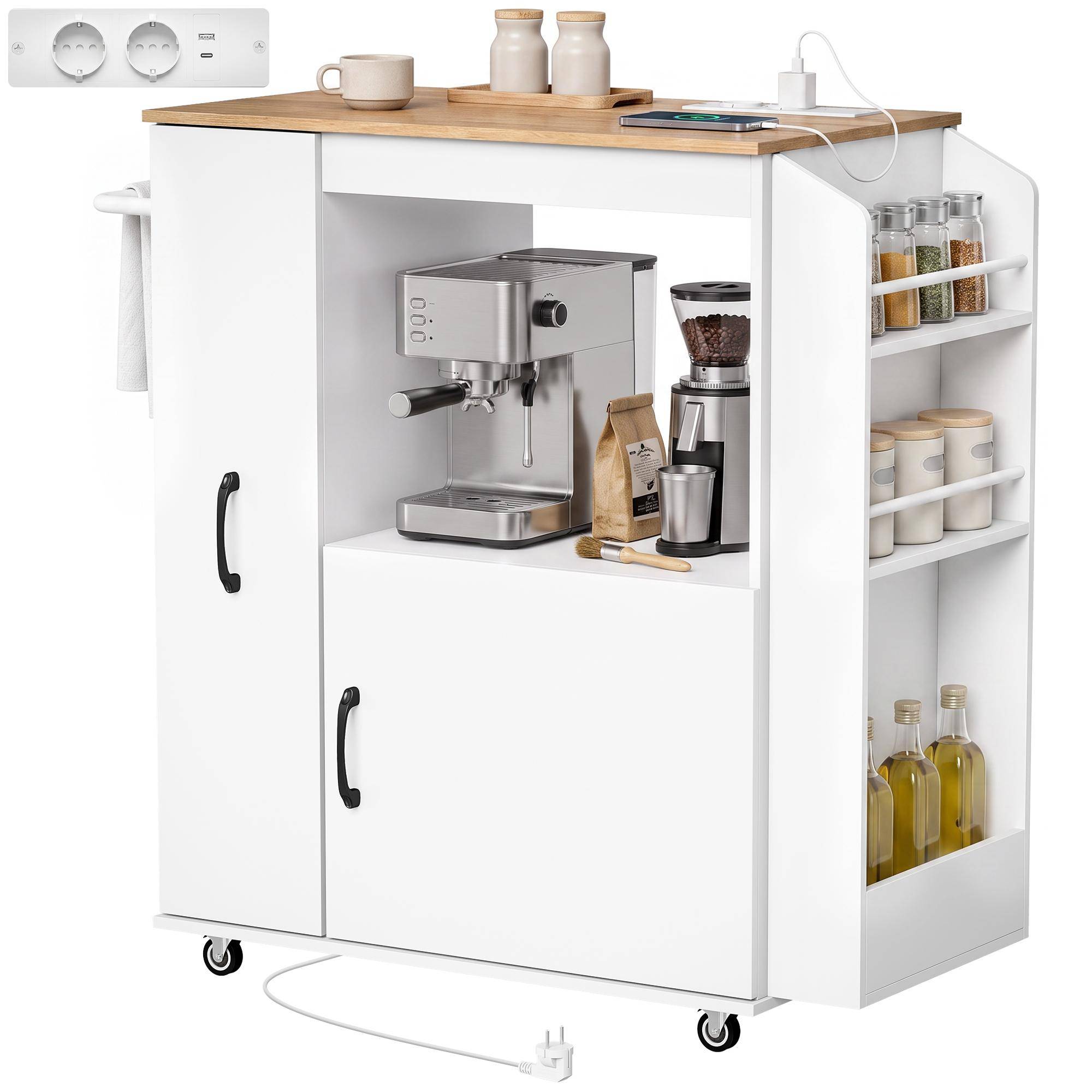 Kitchen Cart With Power Outlet Wheeled Cabinet White