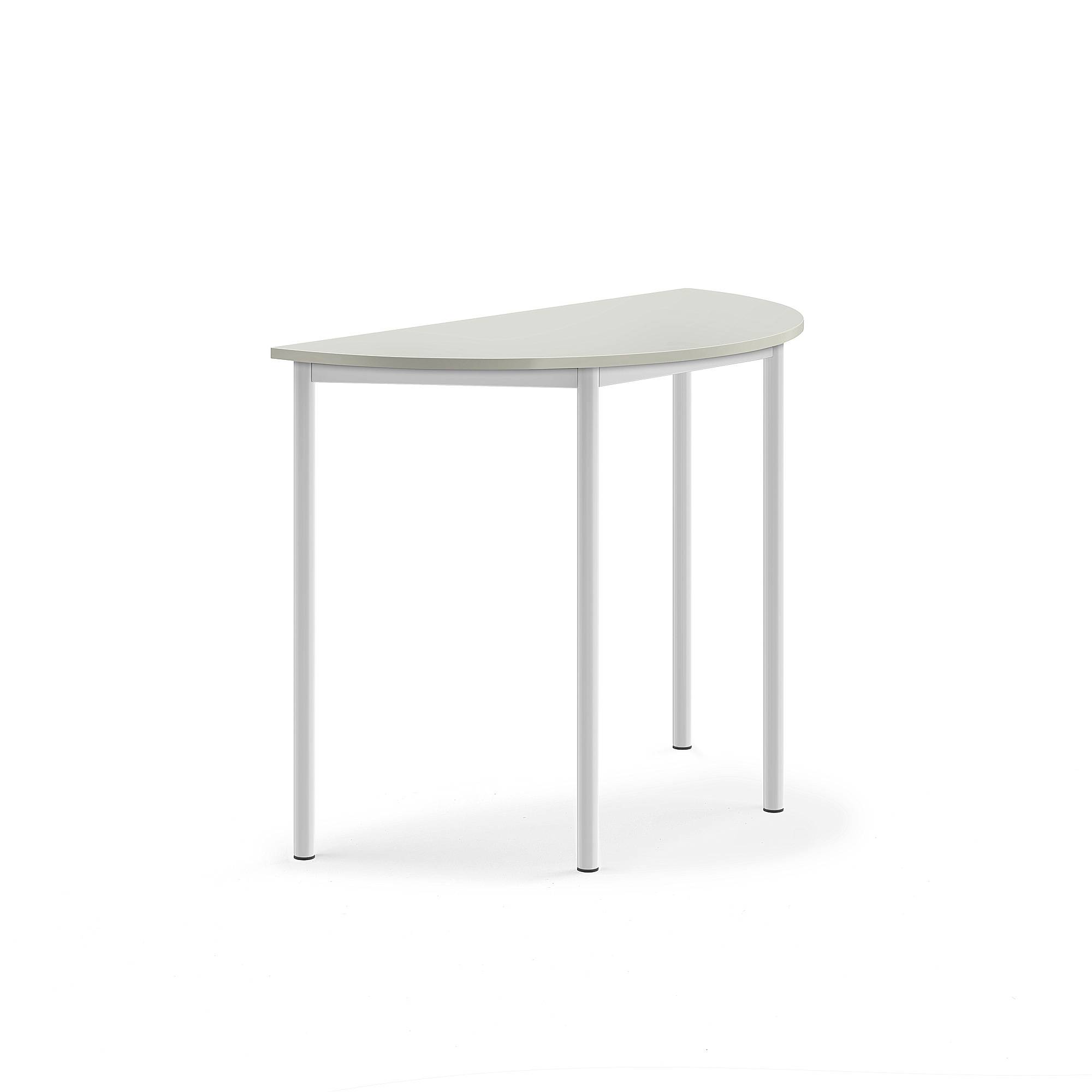 Bord SONITUS, halvrund, 1200x600x900 mm, stativ vit, ljuddämpande högtryckslaminat, grå