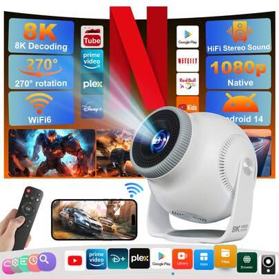 Denna projektor använder Android 14-systemet, stöder Wi-Fi 6 och Bluetooth 5.4 och kan avkoda 1080P/4K/8K-videor. Den är utrustad med ett 270-graders - Vitt