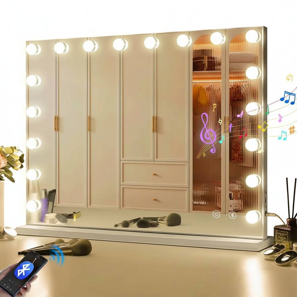 Bluetooth Hollywood spegel med belysning, 18 dimmer-LED-lampor, sminkspegel