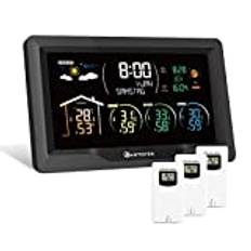 KETOTEK Trådlös radioväderstation med 3 utomhussensorer, inomhus, utomhus, VA LCD, digital termometer, hygrometer, barometer med DCF, väckarklocka, väderprognos, månfas, soluppgång- och solnedgångstid