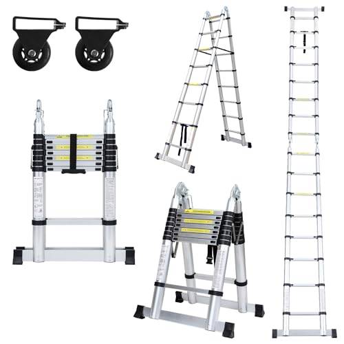 Sonnewelt 5 m (2,5 + 2,5) teleskopstege, halkfri aluminium ståstege, 150 kg/330 pund lastkapacitet utdragbar stege, aluminiumstege med bärhandtag, multifunktionsstege