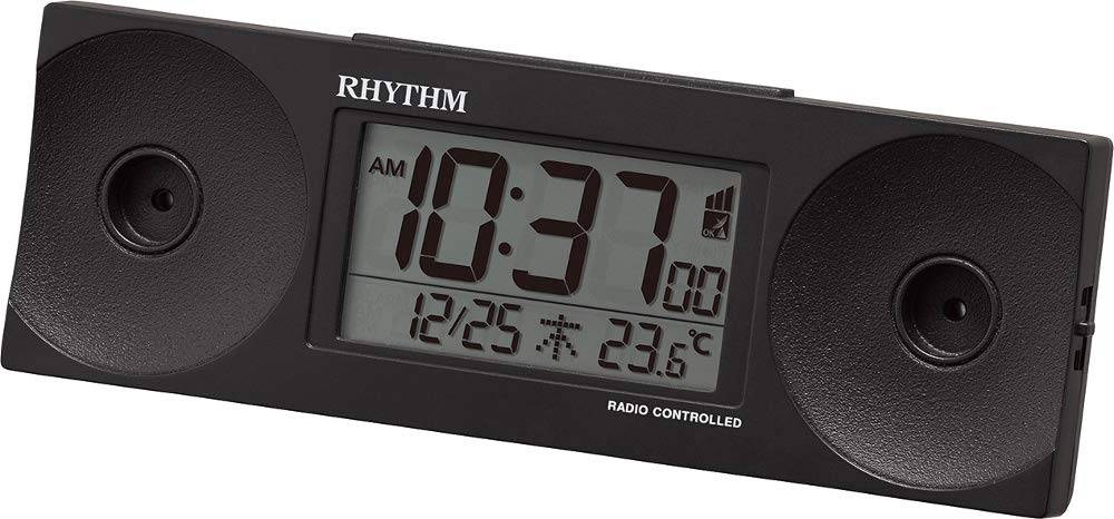 RHYTHM Alarm Clock, Loud Volume, Radio-Controlled Digital, Fit Wave Battle 100, Temperature, Day of the Week, Calendar, Black, RHYTHM 8RZ192SR02
