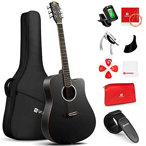 Vangoa 4/4 akustisk gitarr full storlek cutaway västerländsk gitarr 100 cm för nybörjare vuxna akustisk gitarr set med nybörjarkit, svart